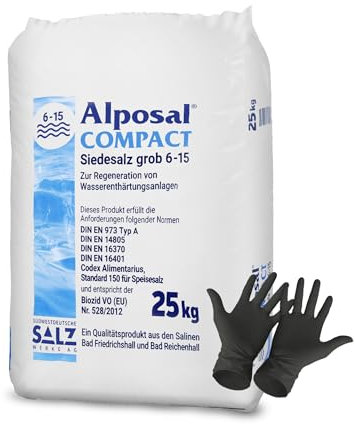 Alposal Compact Broxo 6-15 Regeneriersalz Körner 25 kg Poolsalz Schwimmbadsalz Wasserenthärteranlagen inklusiv 1 Paar ARNOMED Einweghandschuh