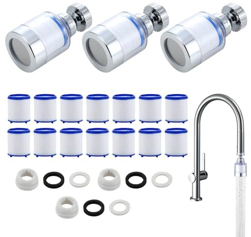 3 Stück Wasserhahnfilter, Filter für Wasserhahn, Reinkristall Wasserfilter mit 14 Filtern und Adaptern*3 für Küchenspüle, 360° Duschfilter Badezimmer zu Hause