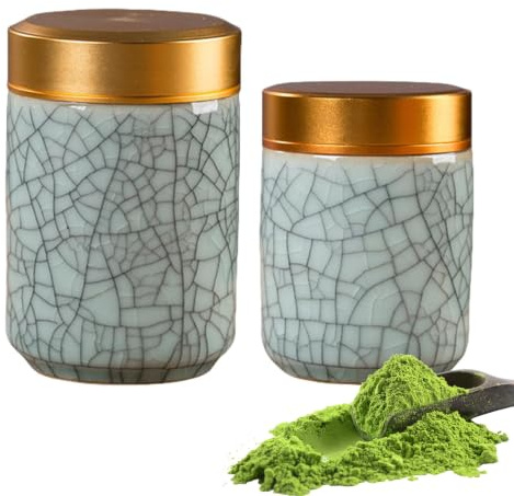 2 Stück Kleiner Keramik Matcha-Tee-Behälter, Matcha Set, Keramik Teedose | 70ml+100ml Tragbarer Mini-Matcha-Aufbewahrungsbehälter mit Aluminiumlegierungsdeckel, Matcha Dose Aufbewahrung (Hellgrün,B)