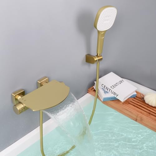 SHANFO Badewannenarmatur mit Handbrause, Wannenarmatur Wasserfall, Armatur Badewanne Set, Mischbatterie Badewanne mit Brause Messing, Gold Gebürstet, 16Y4OK