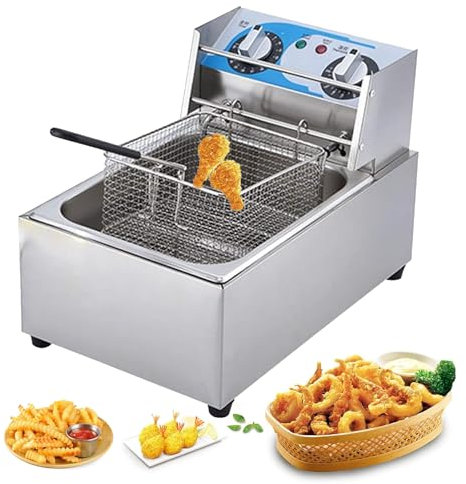 Friggitrice Commerciale Elettrica da Banco 2500W/3500W con Cestello Piedini Regolabili Altezza, Singolo in Acciaio Inox 10/20 L, Controllo Temperatura, Protezione Surriscaldamento, Uso Ristorante