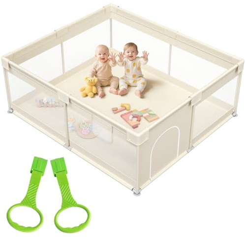 Julrrimg Laufstall Baby 175x150 cm – Großer Baby Laufgitter XXL Sicherheit Spielplatz Kinder mit Netzdesign, ideal für den Innenbereich, Beige