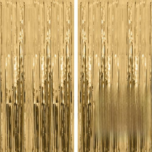2PCS Champagne Gold Glitter Foil Curtain partyBackdrop Metallic Tinsel | Fringe Streamer For Party Decorations,goldparty&birthday decorationstinsel curtains For Birthday Weddings Celebration(1*2M)