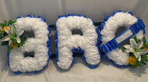 Customizable Funeral Flowers - Personalized Artificial Silk Flowers for Graves & Funerals | Lasting Remembrance with Any 3 Letters | BRO Tribute with Ribbon Sash