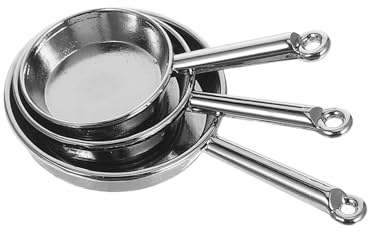 ERINGOGO 3PCS Miniature Metal Frying Pans for Dollhouse Kitchen Decor Realistic Mini Cooking Utensils for Pretend Play and Educational Life Skills Development