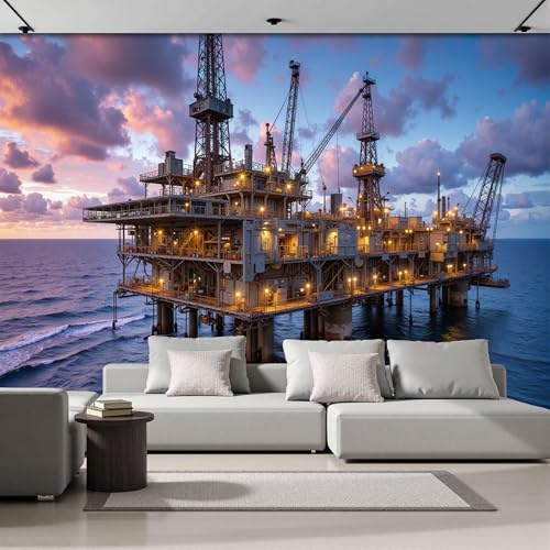 Carta Da Parati Fotografica Impianti Industriali 3D Effetto Piattaforma Perforazione Offshore Design Carta Tessuto Non Tessuto TNT Blu XXL Fotomurale per Soggiorno Camera Letto Studio,400×280cm