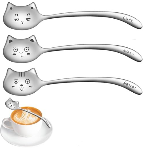 3Pcs Long Handle Cat Coffee Spoons, Stainless Steel Mirror Polished, Long-Tail Design, Ideal for Latte, Espresso, Hot Chocolate, Tea, Dessert & Ice Cream Sundae - Elegant for Home or Café Use
