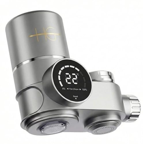 HG - Filtro per l'acqua con display a LED, sistema di filtraggio del rubinetto con doppia modalità acqua, sistema di filtraggio multistrato, 6 adattatori inclusi - Grigio/Argento