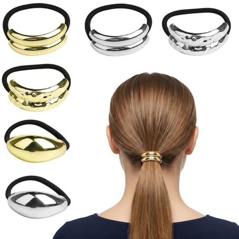 XENQITO 6 Pezzi Elastico per Capelli in Metallo, Elastico per Capelli Metallo Oro, Corde Elastiche Geometriche per Capelli, Elastici Capelli Donna Eleganti, Accessori per Capelli a Coda di Cavallo
