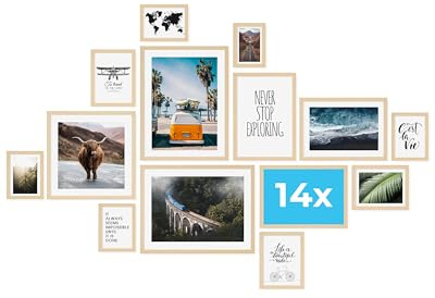 PHOTOLINI Cadre bois MDF naturel, lot de 14 cadres photo pour posters et affiches No.1, verre acrylique incassable, décoration murale à suspendre, accessoires supplémentaires