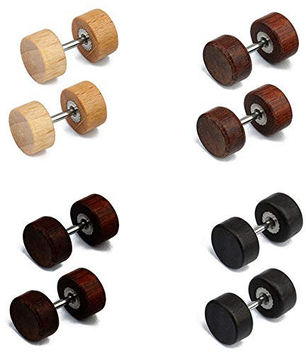 Epoch World 4 Paare 8mm Edelstahl Ohrringe Holz Ohrstecker für Herren Damen Männer, Ohrstecker Herren Holz Ohrringe Damen