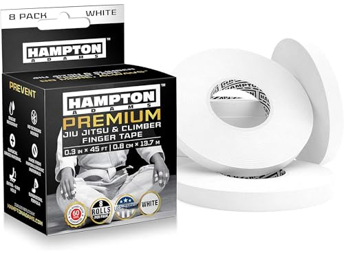 Hampton Adams | Officiell BJJ Partner | Som ses på Shark Tank | Pro fingertejp (8-pack) | premium halkfri atletisk tejp för BJJ klättring, crossfit tyngdlyftning | superstark självhäftande (vit)