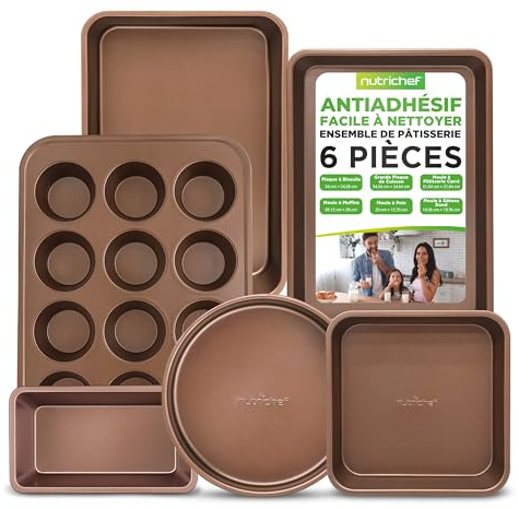 Nutrichef Bandejas Horno, Set de 6, Incluye: Bandejas para Galletas, para Asar, Molde para Magdalenas, Pan y Pasteles, Mangos de Silicona, Apilables, Acero al Carbono Resistente, Antiadherentes