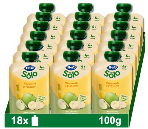 Hero Solo, Bolsitas de Fruta con Manzana y Plátano, Sin Conservantes ni Colorantes, Aceite de Palma, Gluten, ni Azúcares Añadidos, Para Bebés A Partir de los 4 Meses - Pack de 18 x 100 g