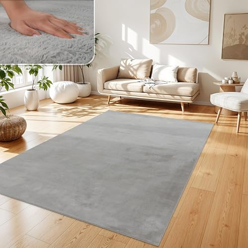 Paco Home Tapis Salon Fausses Fourrures Doux Lavable Moderne Élégant Facile À Entretenir Effet Fourrure Uni Brillant Douillet À Poils Longs, Dimension:160x220 cm, Couleur:Gris