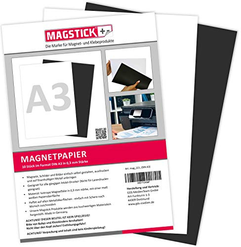 Magstick 10er Set Magnetpapier weiß DIN A3 magnetische Rückseite - mag221 | zum Beschriften, bedrucken oder als magnetisches Foto-Papier, magnetische Rückseite, mit gängigem Inkjet Drucker bedruckbar