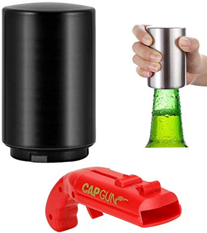 Abridor de botellas de cerveza de acero inoxidable con pistola de tapa gratis, abridor automático magnético de botellas de cerveza, regalos de cerveza para hombres, bar, fiesta en casa, juego (negro)