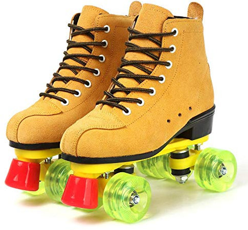 Rollschuhe für Damen und Herren, Kunstfell, hochgeschnitten, zweireihig, für den Innen- und Außenbereich, verstellbar, Gelb, 43 Stück