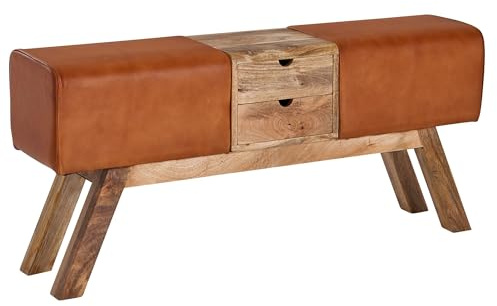 FineBuy Turnbock Sitzbank 120x30x56 cm Echtleder Braun, Schubladen | Garderobenbank mit Stauraum bis 200 kg belastbar, Turnhocker Lederbank im Retro Stil, gepolstert