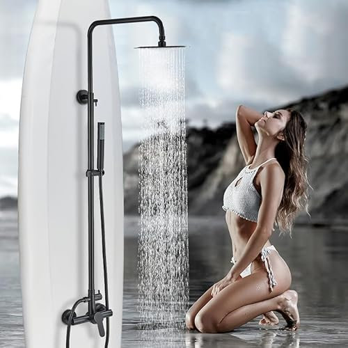 MOSSON Shower System Matte Black Outdoor Shower Fixtures with 8 Rain Shower Head Handheld Sprayer Single Handle 304 Stainless Steel Wall Mounted Shower Shower Faucet Combo for Bathroom or Backyard