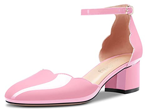 NobleOnly Femmes Bloc Chunky Bas Talon Heel Fermé Rond Bout Lanières Cheville Escarpins Boucle Mariage Bureau Party Dress Sandales 5 CM Heels