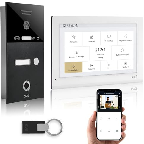GVS Video Türsprechanlage mit Türöffner, Fingerprint, RFID, 1x 10 Monitor | Smarte Video Türklingel mit Kamera und Monitor & App - Gegensprechanlage für 1 Familienhaus (AVS5445U)