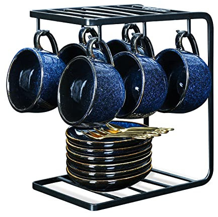 VICRAYS - Set di 6 tazze da caffè espresso in porcellana da 113 ml, con piattini e supporto in metallo, per tè e caffè, cappuccino latte, colore: blu