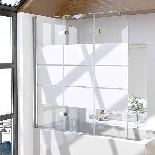 Goezes Duschwand für Badewanne 3-teilig 120x140cm Gestreift Glas Duschabtrennung, Faltbar Badewannenaufsatz Duschtrennwand aus 6mm EGS Sicherheitsglas, Badewannen Trennwand Badewannenwand
