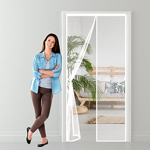 Magnetische Fliegengitter 80 x 210 cm HäNde Frei Ohne Bohren, Nicht Kürzbar Magnet Fliegengittertüren Fliegengitter Kinderleichte Klebemontage Ohne Bohren für alle gängigen Türgrößen, Weiß