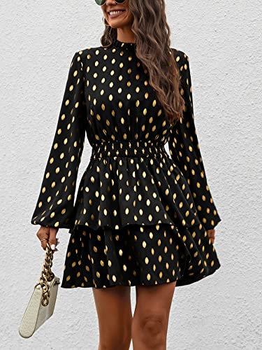 Women's 2023 Summer Short Dress Gold Dot Print Bishop Sleeve Layer Hem Dress Casual