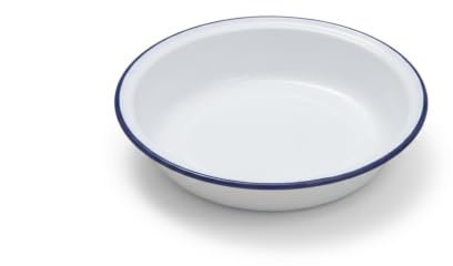 Traditional Enamel Round Pie Dish, White Blue Trim, 14cm