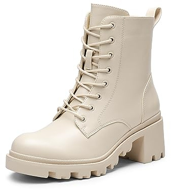 DREAM PAIRS Damen Schnürstiefeletten Combat Boots Blockabsatz | Plateausohle, Runde Kappe, Schnürdesign, 6cm Absatz, Rutschfeste, Weiche Latex-Einlegesohle, Seitlicher Reißverschluss