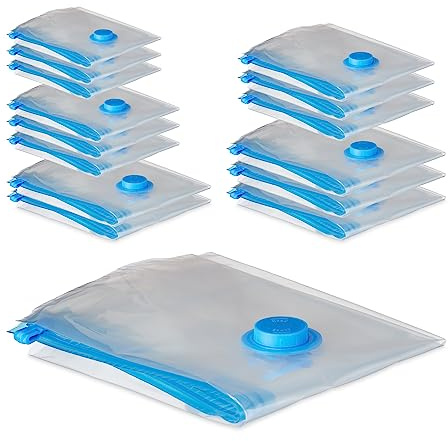 Relaxdays Vakuumbeutel für Kleidung, 15er Set, Vakuumsäcke, 5 Größen, Kleidung & Bettzeug, Vakuumwäschesack, transparent