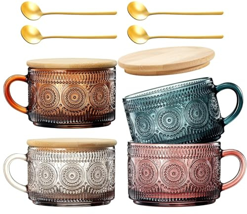 Khen Farbiges Vintage-Kaffeetassen-Set, 425 ml, einzigartige Blumen-Hobnail-Gläser, Übernachtungshaferbehälter mit goldenen Löffeln, geprägte Tassen, süßes Kaffeebar-Zubehör, Glaswaren