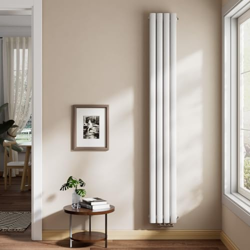 EMKE Ovaler Design Heizkörper 1800x240mm, Schmal Hoch Röhrenheizkörper mit Mittelanschluss Doppellagig Heizung Weiß 868W