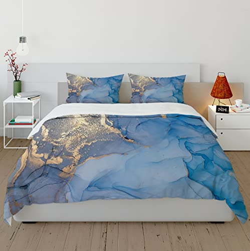 CIHCOHOME Blauer Marmor Bettbezug Wolkennebel Marmor Landschaft Bettbezug weich gebürstet bequemes modernes abstraktes Tintenbettwäsche-Set mit 2 Kissenbezug 140x200cm