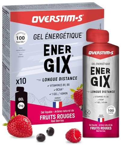 Overstim.s - Gel Energix (10 sachets) - Gel énergétique pour le sport (vélo, course à pied…) - Energie longue durée (Glucose + Fructose + Maltodextrines) - BCAA - 100 kcal/gel - Saveur Fruits Rouges