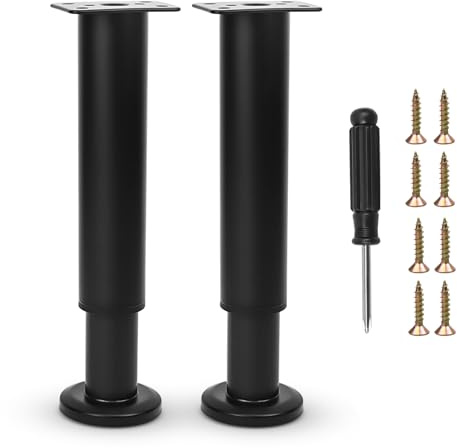 Furniture Adjustable Legs, Metal Bed Support Leg Central Slat Frame Couch Replacement Support Leg Part Heavy Duty Furniture Foot with Screwdriver for Cabinet/Dresser/Table/Sofa 18-32cm (Black 2 Pcs)