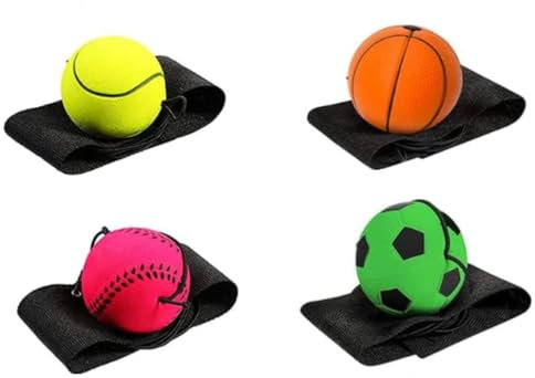 QINGHEC 4 Stück Springball mit Schnur, Ø 6cm Handgelenk Return Ball, Ball mit Gummiband, Sport Spielzeug für Kinder Erwachsen, Fußball, Basketball, Softball, Baseball