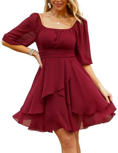 Beluring Dress for Women Square Neck Puff Short Sleeve Elastic Waist Casual Chiffon Mini Dress