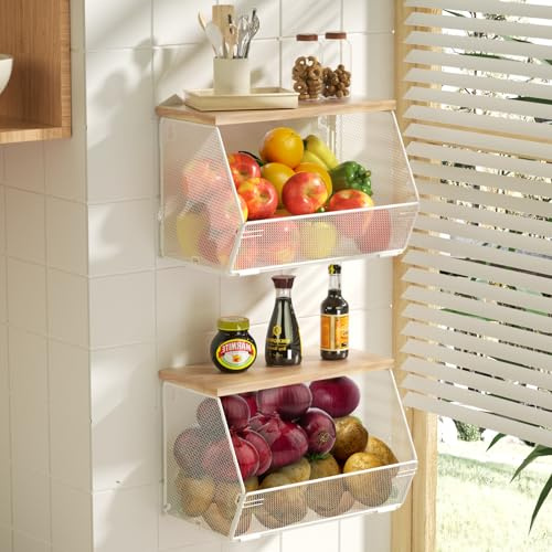Obstkorb, Drahtkörbe mit Holzdeckel, stapelbar, Küchentheke, Organizer, Arbeitsplatte, Zwiebel- und Kartoffelaufbewahrung, wandmontierter Produktkorb für Snacks, Obst und Gemüse, 2 Stück