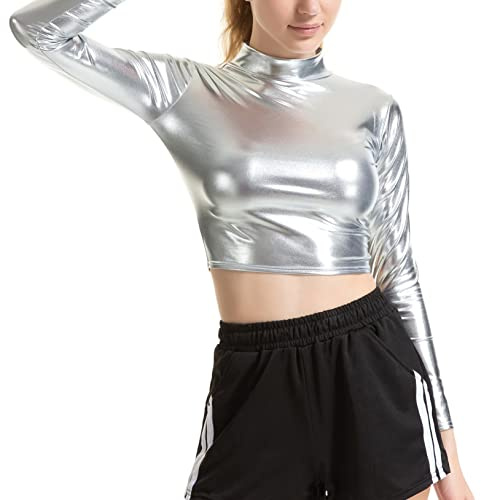 Freebily Damen Metallic T-Shirt Langarm Glänzend Metallisch Oberteil Cropped Shirt Bauchfrei Glitzer Karneval Party Fest Top Gogo Clubwear