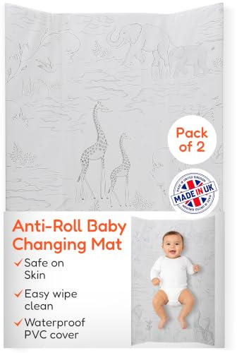 Babycurls Deluxe Anti-Roll PVC Wedge Nappy Baby Changing Mat with Curved Sides and Raised Edges for Babies from Birth Upwards Wipe Clean and Waterproof 69 x 45 x 8cm (Safari Sketches)