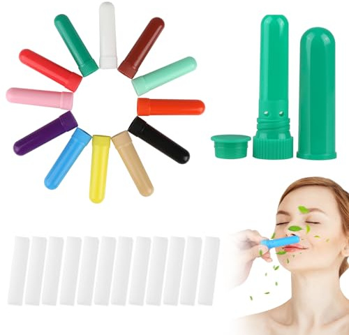 12 Piezas Tubos Inhaladores Nasales, Plástico Tubo Aromaterapia con 12 Mechas, Inhalador Aromaterapia en 12 Colores, Palillos de Inhalador para Aromaterapia y Perfumería