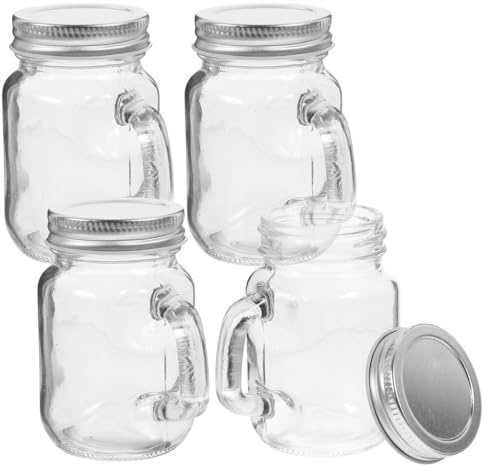 Amosfun 4 Pack 4oz Mini Jar with Handle, 120ml Shot Glasses with Lids, Small Glass Containers for Jam, Sauce, Concentrated Juice, Honey