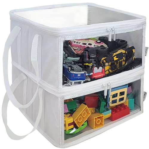holay Set da 2 Contenitori PVC Pieghevoli con Coperchio Trasparente & Maniglie, 30 x 30 x 15 cm Organizer per Vestiti, Giocattoli & Libri (Bianco, Piccolo)