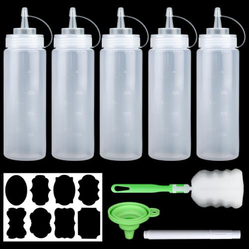 kayqbonke 5 Stück 500ml Squeeze Flasche, 16oz Quetschflasche mit Kappe, Klar Ölflasche Plastik, Soßenflaschen für Malen, Backen, Ketchup, Scharfe Soße, Olivenöl, Saucenflasche