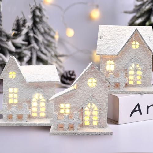 GZWY Weihnachtsdorf mit Beleuchtung, 3 Stück Holz Weihnachtsdeko Häuser mit LED Licht, Weihnachtsdorf Häuser, Lichthaus Weiss, Weihnachtsdorf Beleuchtet, Weihnachtsdeko Innen Mini Weihnachtsstadt (A)