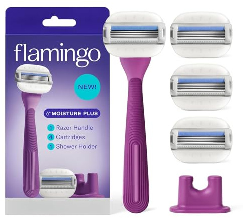 Flamingo Moisture Plus Women's Razor Set - No Shave Gel Needed - Razor Handle, 4 Blade Refills, Shower Holder - Fig