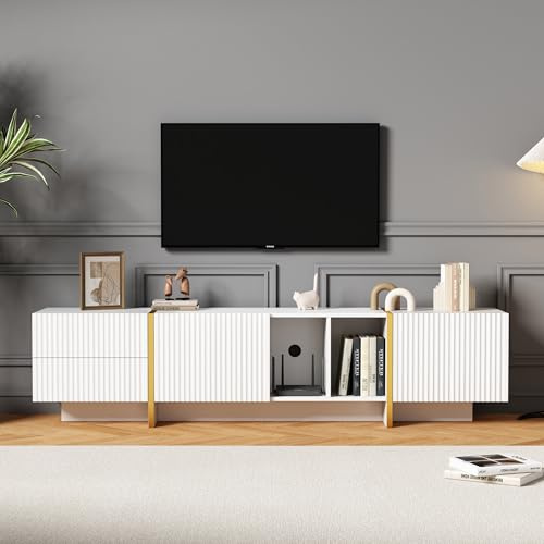 Moderner Luxuriöser TV-Schrank, TV Lowboard mit Mehreren Aufbewahrung Funktionen für Fernseher bis zu 80 Zoll, Wellen-Paneldesign, Weiß TV-Schrank Wohnzimmer, Goldene Dekoration, 190*35*45.5 cm